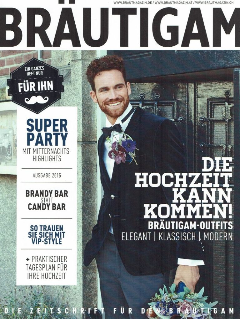 Mann in Anzug mit Blumenarrangement, Hochzeitsthema auf Zeitschriftencover.