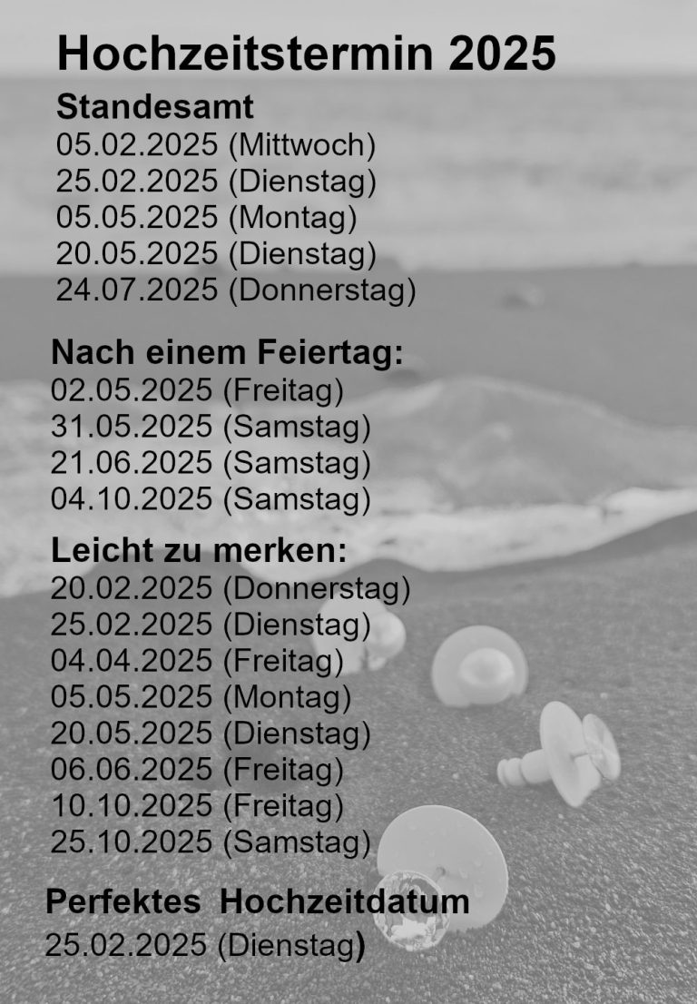 Hochzeitskalender 2025 mit Terminen und Feiertagen auf Sandhintergrund.